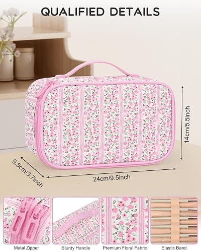 Relavel Cute Makeup Bag for Girls, Portable Pink Cosmetic Bag, Dual-layer Makeup Pouch with Brush Holder, Multi-Functional Preppy Toiletry Organizer for Travel, Daily Use - Pink Flower thumbnail 3