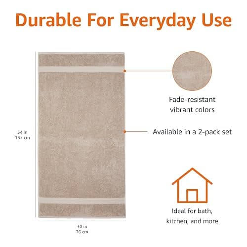 Amazon Basics Fade-Resistant 100% Cotton Bath Towel, 2 Pack, 30"x54", Taupe thumbnail 3