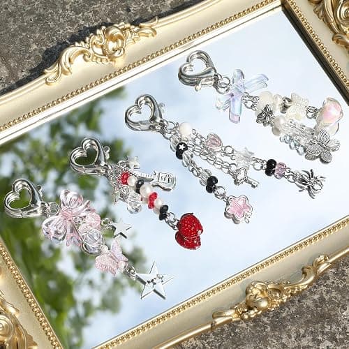 VZZNN 4 PCS Y2K Keychain Cute Keychain Accessories Y2K Phone Charms With Tether Tab Aesthetic Keychains thumbnail 3