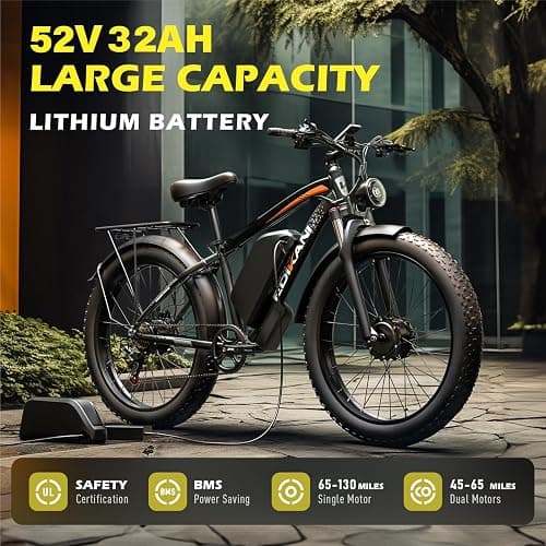 Electric Bike for Adult, 32Ah 52V Dual Motor Ebikes, 51MPH Peak 5000W Electric Bike Fastest Ebike, 130 Miles Electric Bicycle, 26” Fat Tire Mens E Bike, Hydraulic Disc Brake, Front Suspension 7 Speed thumbnail 3
