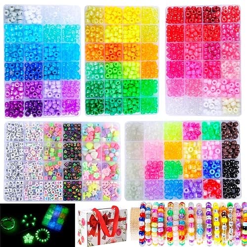 SJZWSD 5 Boxes Bracelet Making Kit Pony Beads, 6x9mm Kandi Rave & Hair Beads Set with UV Color Changing, Glow-in-Dark, Chrome & Alphabet Letters for Friendship Jewelry DIY Crafts - Image 1