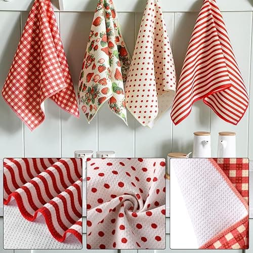 VitalCozy 4 Pcs Strawberry Waffle Kitchen Towel Red Fruit Dish Towels | Kitchen Vintage Cloth, 18 x 28 Inch, Highly Absorbent Reusable Hand Tea Towel, Farmhouse Cooking Baking Cleaning Wipe Decor thumbnail 7