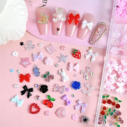 3D Flowers Nail Charms Y2K Kit, Metal Butterfly Cherry Colorful Bow Nail Charms for Nails Art Gems, Flatback Pearls Charms for Nails Bows Manicure DIY Crafts Jewelry Nail Accessories thumbnail 2