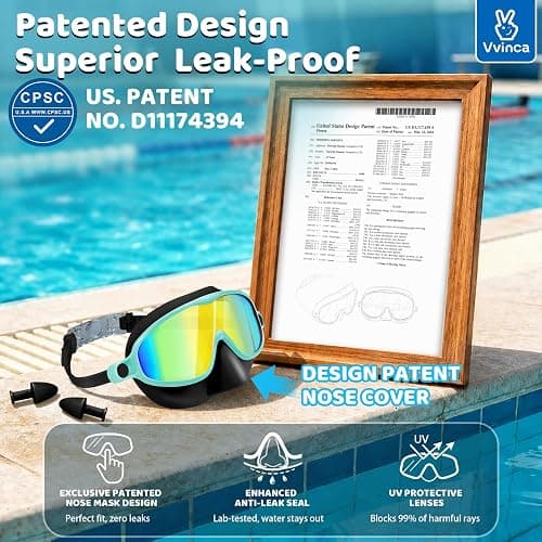 Vvinca Swim Goggles, Kids Goggles with Earplugs& Nose Clip Wide View Anti-Fog/UV Swimming Goggles for Age 3-15 Boys Girls thumbnail 2