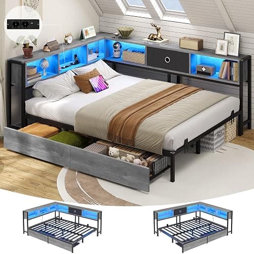 DICTAC Jugendbett 140x200 mit LED-Beleuchtung und Ladestation, Schlafsofa 140 x 200 mit stauraum-6 Staufächern und 2 Schubladen, Tagesbett mit Lattenrost aus Metall, Eichenasche | LED-Beleuchtung - Image 1