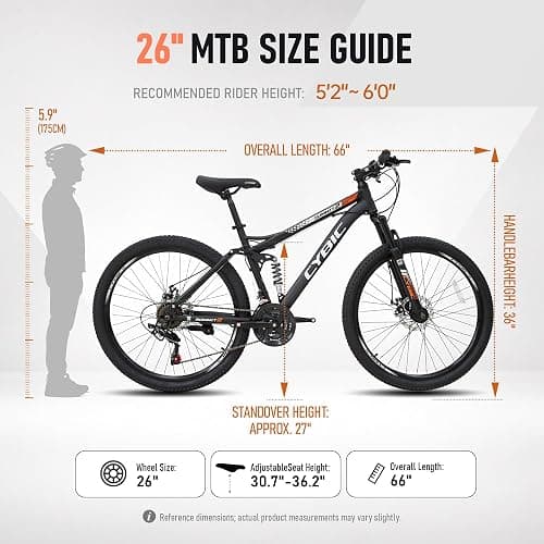 CYBIC 26" Full Suspension Mountain Bike for Adults 21 Speed Shimano | Dual suspension, dual disc brakes, steel frame. fits 5'3"-5'11" (13+), 265 lbs max thumbnail 3