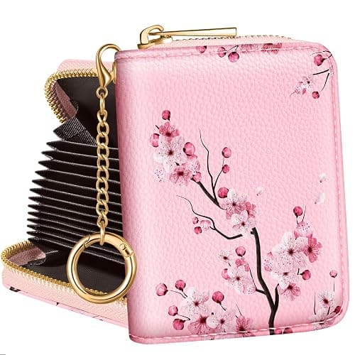 Bistup Credit Card Holder for Women Cute Small for Ladies Teen Girls Female Rfid Leather Cardholder Wallets with Keychain Accordion Organizer Purse Blossom Flowers Girly Aesthetic Print Unique Zipper - Image 1