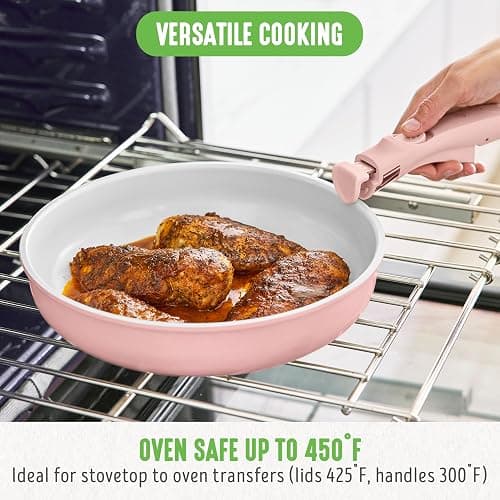 GreenLife 10 Piece Nonstick Pots & Pans Set, Detachable Handle & Stackable Cookware Set, Non Toxic PFAS-Free Skillets, Induction Kitchen Pans, Space Saving, Serving Bowls, Oven Safe, Light Pink thumbnail 9