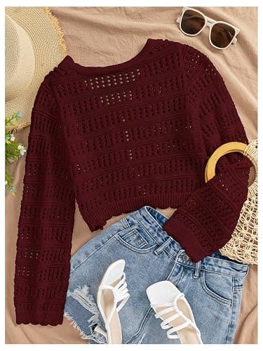SHENHE Women's Tie Front Hollow Out Cover Up Summer Boho Knit Cardigan Crop Tops thumbnail 2