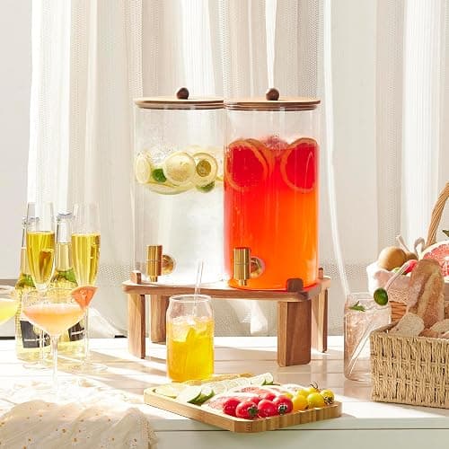 2 PCS 1.5 Gallon Drink dispenser, Glass Beverage Dispenser With Wood Stand, Large Water Drink Dispensers for Parties With Stainless Steel Spigot, Ideal for Lemonade,Juice, Tea, and Party Drinks thumbnail 7