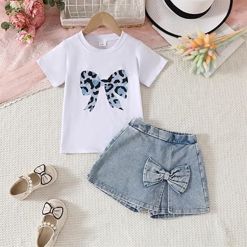 Azmxynol kid Young Girl Clothes Outfits Cute Sweet Bowknot Print T-Shirt + Bowknot 2 In 1 Denim Short Summer Clothing Set thumbnail 4