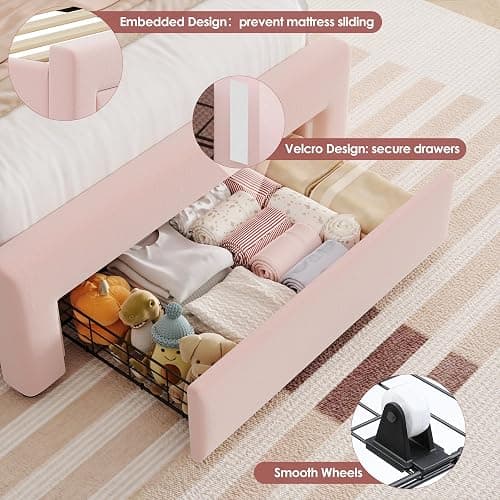 HIFIT Pink Velvet Twin Bed Frame with LED&Charging Station&Storage Drawer | Twin Size Princess Bed for Girls, Camas Twin with Double Wavy Shaped Wingback Headboard, Solid Frame, No Box Spring Needed thumbnail 6