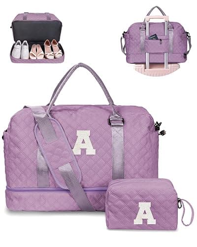 Vogewood Gift for Women-Initial Teenage Girl Duffle Bag with Shoe Compartment, Personalized Weekender Bag, Monogram Overnight Bag for Kids, Letter Travel Bag with Makeup Bag, Gift for Women (Letter A) - Image 1