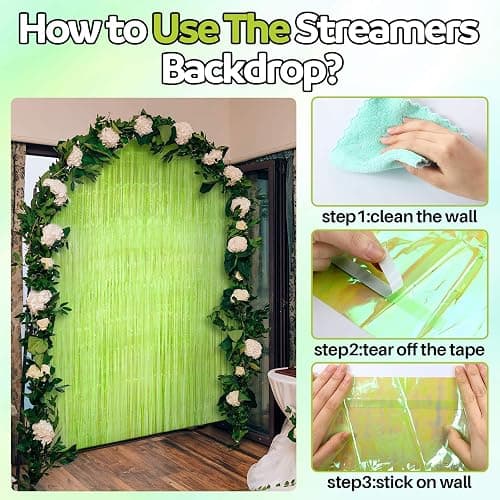 Fanfanwin Neon Green Streamers Backdrop 3.28 x 8.2 ft Lime Green Foil Fringe Curtain Metallic Tinsel Door Streamers for Birthday Bachelorette Christmas, New Year, Disco Party, Neon Party Decorations - 1 thumbnail 3