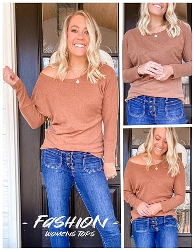 Aifer Women's Off The Shoulder Tops Sexy Long Sleeve Shirts Oversized Fashion Casual Batwing Sweaters Pullover Tunic Tops thumbnail 2