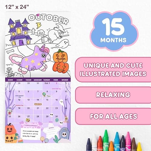 Kids Calendar 2025-2026 with 200+ Cute Stickers - Unicorn Coloring Calendar for Kids - 15 Month Wall Calendar with Fun Illustrated Pages to Color - Extra Pages & Activities for Home, Classroom & Learning thumbnail 6