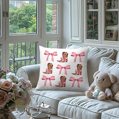 QROZIAR Preppy Coquette Pink Bow Cowgirl Pillow Covers, Trendy Western Decorative Throw Pillow Covers 18x18, Cowgirl Aesthetic Room Decor Pillow Cases for Home Bedroom Couch Girls College Dorm thumbnail 2