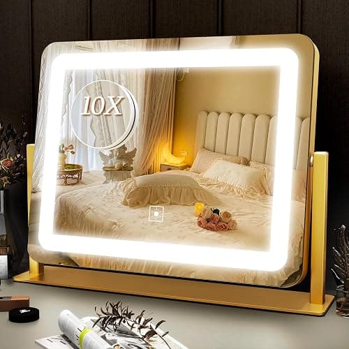 ROLOVE Gold Vanity Mirror with Lights 15" x 12", Lighted Makeup Mirror with 10X Magnification, 3 Color Lighting & Dimmable Brightness, Make Up Mirror with Lighting for Bedroom Tabletop - Image 1