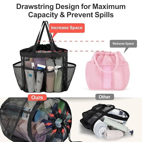 F-color Mesh Shower Caddy Portable with Drawstring, S Hook - 8 Deeper Pockets 2 Handles College Dorm Room Essentials for Girls Guys, Shower Bag Hanging for Camping Gym Travel Toiletry Bathroom, Black thumbnail 3