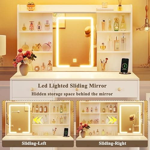HUAHUU Vanity Desk with Mirror and Lights, 37" Makeup Vanity Desk with LED Lighted Mirror, Power Outlet, White Vanity with Storage Cabinet, 2 Drawers & 6 Shelves for Bedroom thumbnail 4