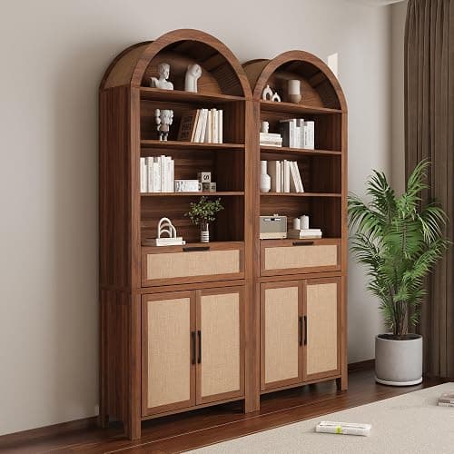 Janmer Home 79" Tall Arched Bookcase with Storage, Mid Century Modern 6-Tier Cabinet with Door and Drawer, Arched Bookshelf with Open Display Shelf for Office Living Room(Walnut, 79inch-Doors) thumbnail 5