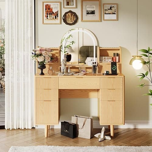 Oxirth Wood Vanity Desk with Mirror and Lights, Fluted Makeup Vanity Table with 7 Drawers and Storage, Oak Vanity, Boho Vanity, Make Up Dressing Table for Bedroom thumbnail 8