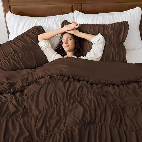 Andency Ruched Brown Full Size Comforter Sets, Shabby Chic Pleatd Bedding Sets 3 Pieces, Lightweight Soft Boho Ruffle Bed Set for Girls, Kids, Women, All Season thumbnail 3