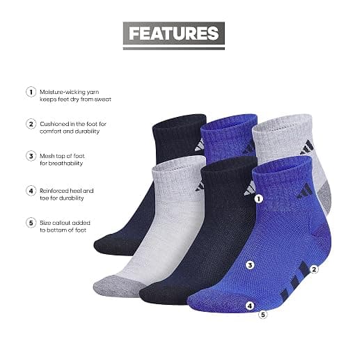 adidas Unisex Kids Quarter Ankle Socks for Boys and Girls Youth (6-Pack) Athletic Cushioned and Comfortable thumbnail 4
