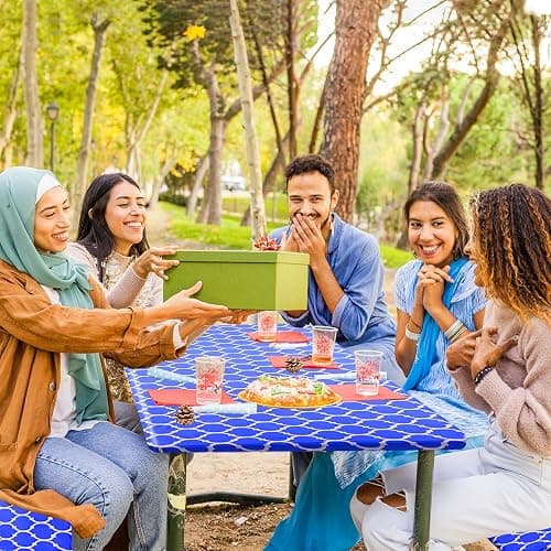 BOUBONI 3 Pcs Set Fitted Picnic Table Cover with Bench Covers Vinyl Camping Table Cloth Flannel Backing Picnic Table Cloth for 6ft Tables Camping Outdoor (Blue Morocco, 30 x 72 Inches) thumbnail 2