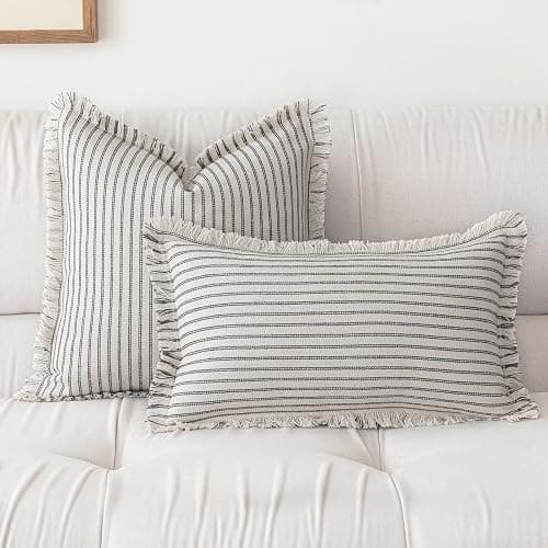 YEENAASY Striped Farmhouse Throw Pillow Covers 24X24 Set of 2 Boho Pillow Cover with Fringe Tassel Chic Cotton Decorative Pillows Modern Neutral Square Cushion Pillowcase for Sofa Couch Bed, Grey - Grey - 24" x 24" (Pack of 2) thumbnail 3