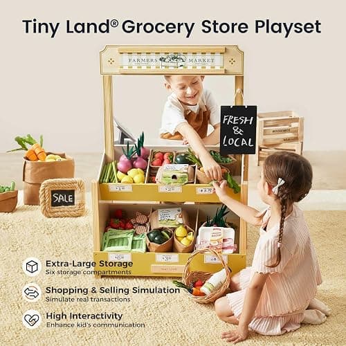 Tiny Land Wooden Play Store Pretend Grocery Store Role Play Toy | Pretend Farmers Market & Coffee Shop with Cash Register, DIY Price Tags, Chalkboard for Toddlers thumbnail 3