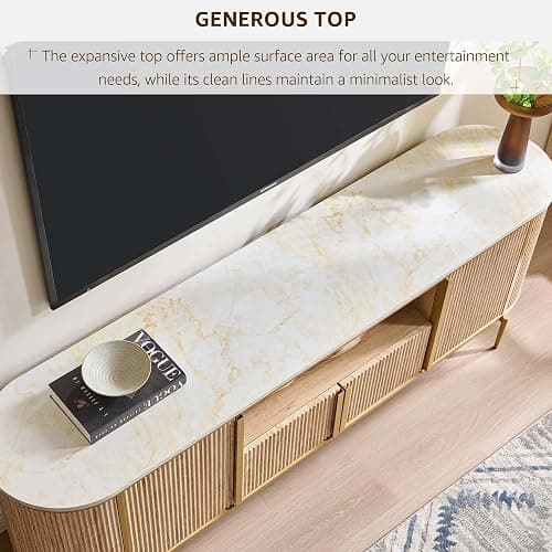OKD Luxury 70" Fluted TV Stand, Modern Chic Entertainment Center for TVs Up to 80 inches, TV Console with Faux Marble Top, Curved Profile Design, Media Console for Living Room, Natural Oak thumbnail 4