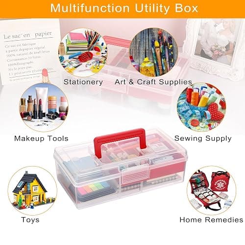 BTSKY 2 PCS Clear Plastic Storage Box with Removable Tray Multipurpose Stationery Storage Box with Handle Handy Sewing Box Art Craft Supply Organizer Home Utility Box (Red) thumbnail 8