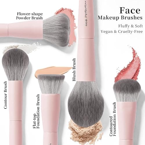 Real Perfection Professional Makeup Brushes 18 Pcs Makeup Brush Set Premium Kabuki Powder Foundation Contour Blush Concealer Eyeshadow Blending Liner Make Up Brush Kit - Pink thumbnail 3
