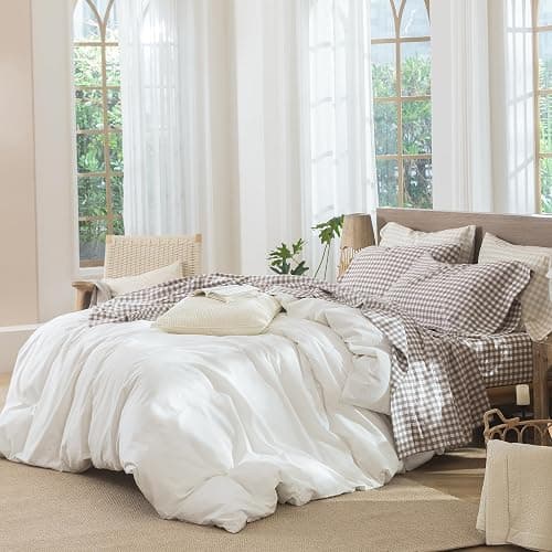 MooMee Gingham Sheet Set 100% Washed Cotton Linen Like Textured Breathable Soft w/Fully Elasticized 16-19" Deep Pocket (Classic Gingham Brown, Queen) thumbnail 3