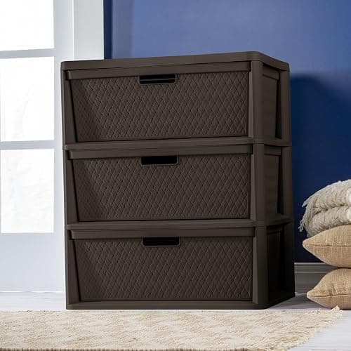 CNEIESD 3-Drawer Wide Weave Plastic Decor Drawer Tower – Brown, Pull Handles, Concealed Storage thumbnail 5