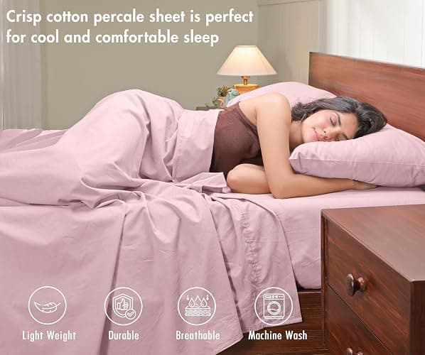 RUVANTI 100% Cotton Percale Sheets Queen, Dusty Rose | Crisp Cooling Summer Bed Sheets, Deep Pocket 14", Soft Peach Finish, Breathable & Durable Hotel-Style, 4 Piece Set thumbnail 3