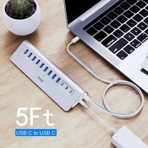 Powered USB Hub 10Gbps, intpw 12-Port USB 3.2 Hub with USB A/USB C 3.2, 7 USB 3.0, 2 PD 45W Charging Port, 65W Power Adapter and 5FT Cable, Aluminum USB Hub for Laptop, iPhone 17/16/15/PC thumbnail 8