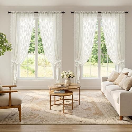 MIULEE Vintage Floral Scalloped Lace Curtains 2 Panels, Ivory 52" W x 63" L | Victorian Decorative Design, Short Semi Sheer Curtains, Light Filtering Rod Pocket Panels for Bedroom Living Room thumbnail 2