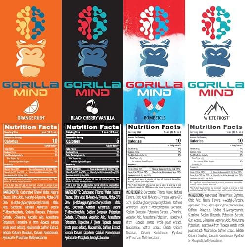 Gorilla Mind Energy Drink | Unmatched Energy · Amplified Focus | N-Acetyl-L-Tyrosine, Alpha-GPC, 200mg Caffeine, Uridine, Saffron | 0 Sugar Or Artificial Colors | 16oz | 12-Pack (Variety Pack #2) thumbnail 2