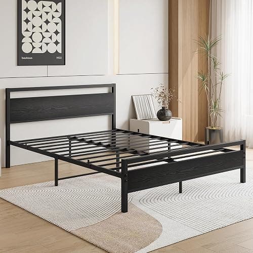 HOJINLINERO Queen Bed Frame with Wood Headboard,Metal Platform Bed Frame Queen Size with Storage No Box Spring Needed,Heavy Duty Queen Size Bed Frame Metal Slats Support Mattress Base No Noise,Black thumbnail 6