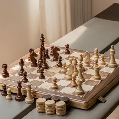 A&A 15" Magnetic Wooden Chess & Checkers Set/Folding Board / 3" King Height German Knight Staunton Chess Pieces/Walnut & Maple Inlaid /2 Extra Queen - Image 1