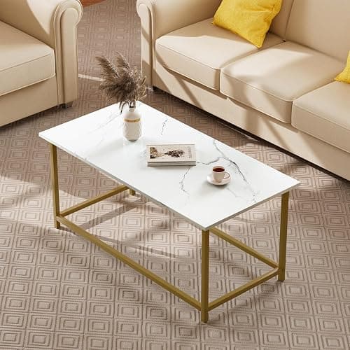 SAYGOER White Faux Marble Coffee Table Simple Modern Rectangular Coffee Tables Open Design Minimalist Center Table for Living Room Office, 39.37 x 19.69 x 17.72, White Gold thumbnail 6