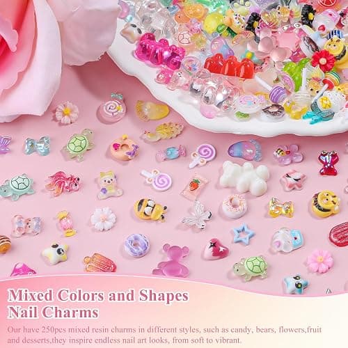 250pcs Kawaii 3D Candy Nail Charms Kit,Y2K Cartoon Gummy Bear Bees Fruit Pineapple Sweet Candy Lollipop Donut Ice Cream Cute Heart Star Bows Mixed Colors Jewelry Nail Embellishments for Nail Art Craft thumbnail 5