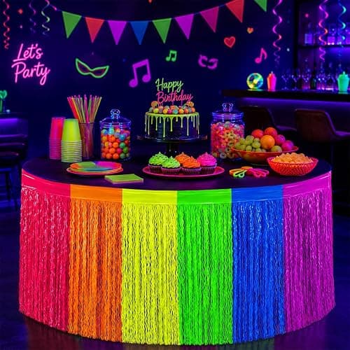 Fayoo 2 Pack Neon Glow Wavy Foil Fringe Table Skirts, 31.5x118 In | 6 Vibrant Colors, Glow in the Dark Party Supplies, Neon Party Decorations, Party Table Decor, Neon Tablecloths thumbnail 7