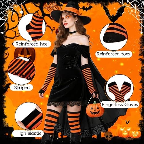 Zando Halloween Striped Women Thigh High Socks Fingerless Gloves Arm Warmers Thigh Highs Over the Knee Socks Leg Warmers thumbnail 3