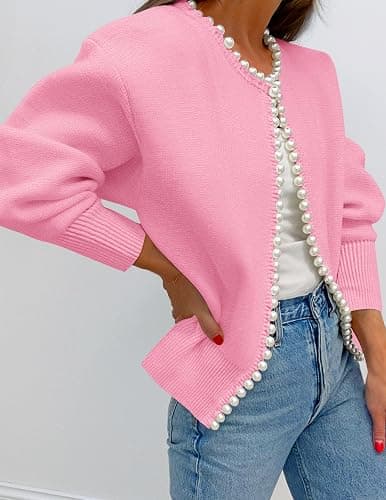 ZESICA Women's Open Front Cardigan Sweater 2026 Fall Casual Knitted Long Sleeve Pearls Trim Outerwear Coat Trendy Clothes thumbnail 2