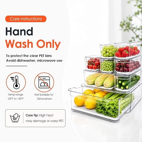 SMRCAD Clear Fridge Bins with Drain Trays - BPA-Free PET, Stackable (8) | 8 Pack: 1 Drawer + 7 lidded Bins, Helps Keep Produce Fresh, 18.3L Capacity, Hand Wash Only thumbnail 2