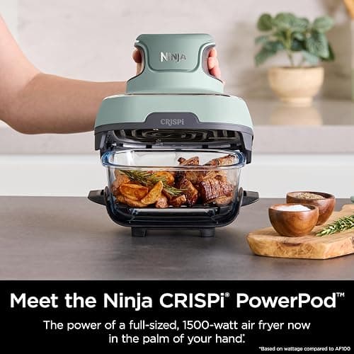 Ninja Crispi Air Fryer, Microwave, Freezer & Dishwasher Safe, Non Toxic Glass Portable Cooking System, 4 QT & 6 Cup Glass Containers with Storage Lids, Easy Meals, Air Fry, Bake, Green, FN101SG thumbnail 4