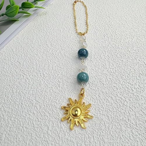 Sun Hanging Car Charm,Green and Gold Rear View Mirror Accessories Cute Boho Dangling Sun Car Decor Handmade Healing Crystals Stones Ornament Gifts for Women Men (Green) thumbnail 5